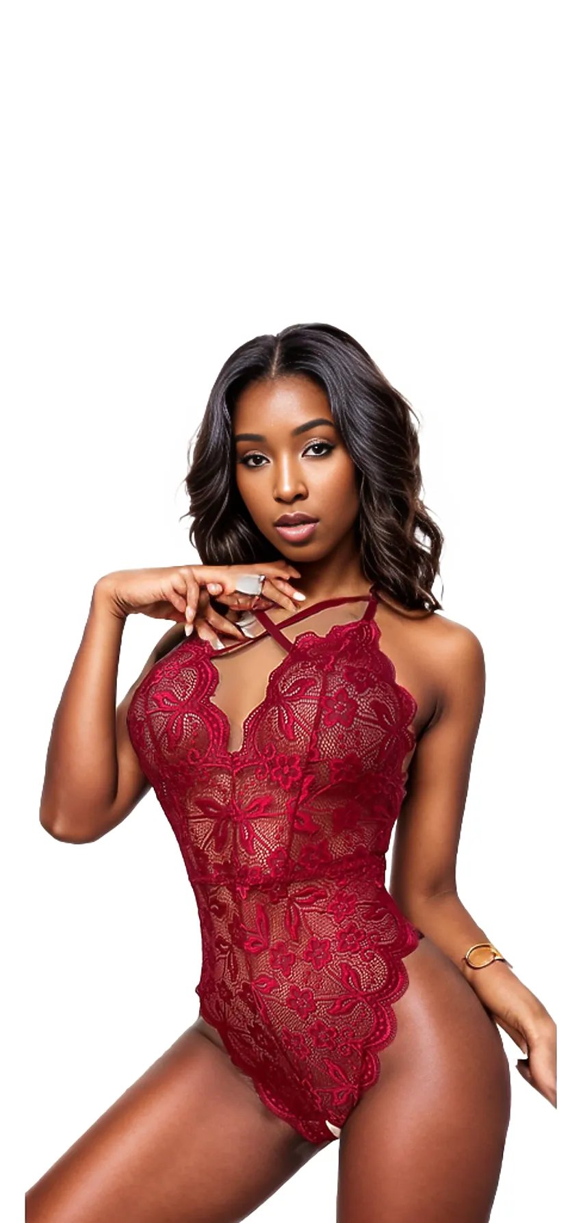 Red Lace Pajamas - One-Piece Net LingerieRed Lace Pajamas -