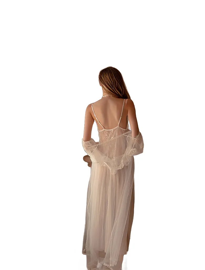 White Lace Sheer Stretch Chemise Overcoat & Panty - Women&