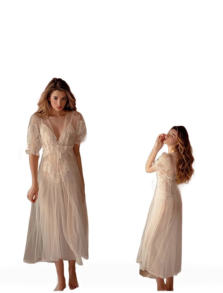 White Lace Sheer Stretch Chemise Overcoat & Panty - Women&