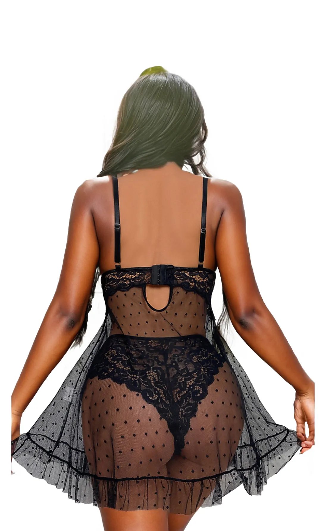 Black V-Neck Open-Back Lace Suspender Nightdress Lingerie SetBlack