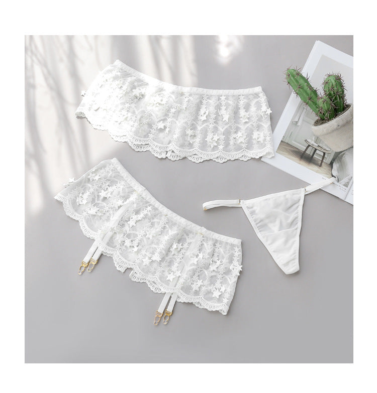 Beautifully Embroidered Star Mesh One-Shoulder Tube Top Three-Piece SeBeautifully Embroidered Star Mesh