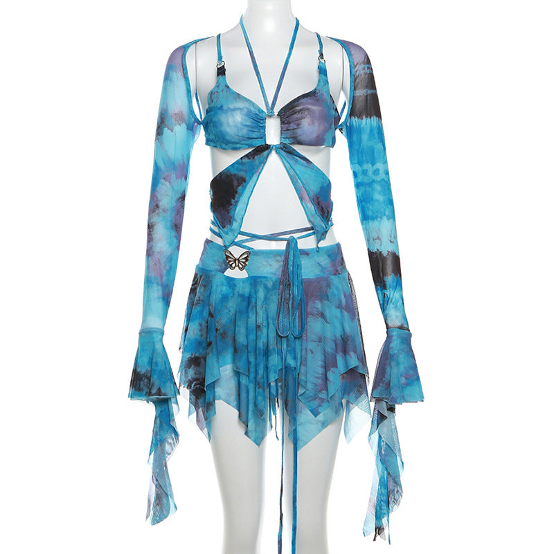 High Waist Lace-Up Tassel Set - Bare Midriff Three-PieceTassel Set - Bare Midriff