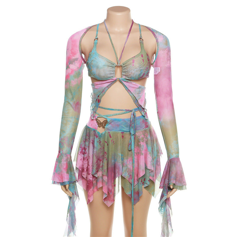 High Waist Lace-Up Tassel Set - Bare Midriff Three-PieceTassel Set - Bare Midriff