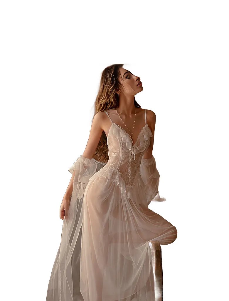 White Lace Sheer Stretch Chemise Overcoat & Panty - Women&