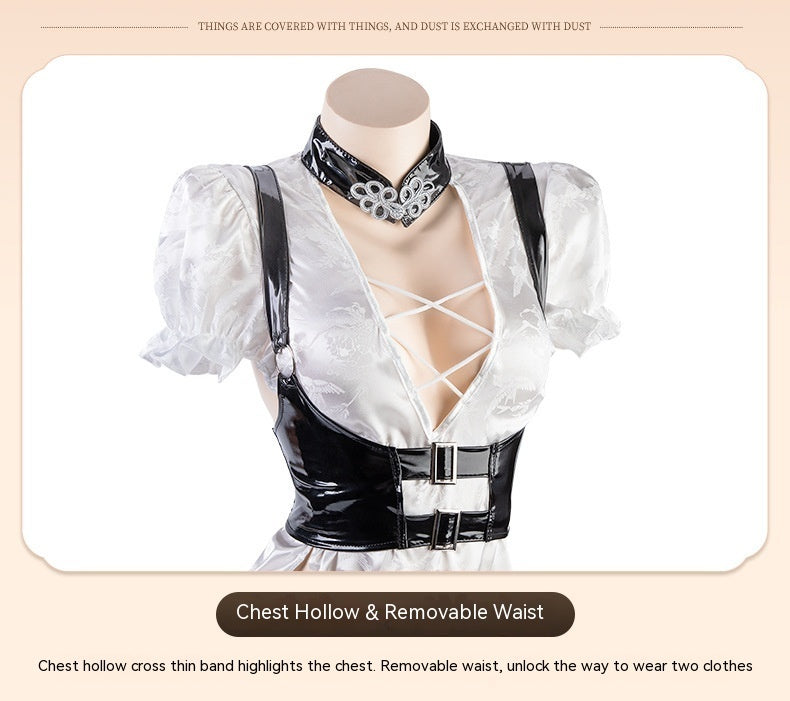Lace-Up Hollow High-Waist Split Patent Leather Cheongsam Lingerie SetLace-