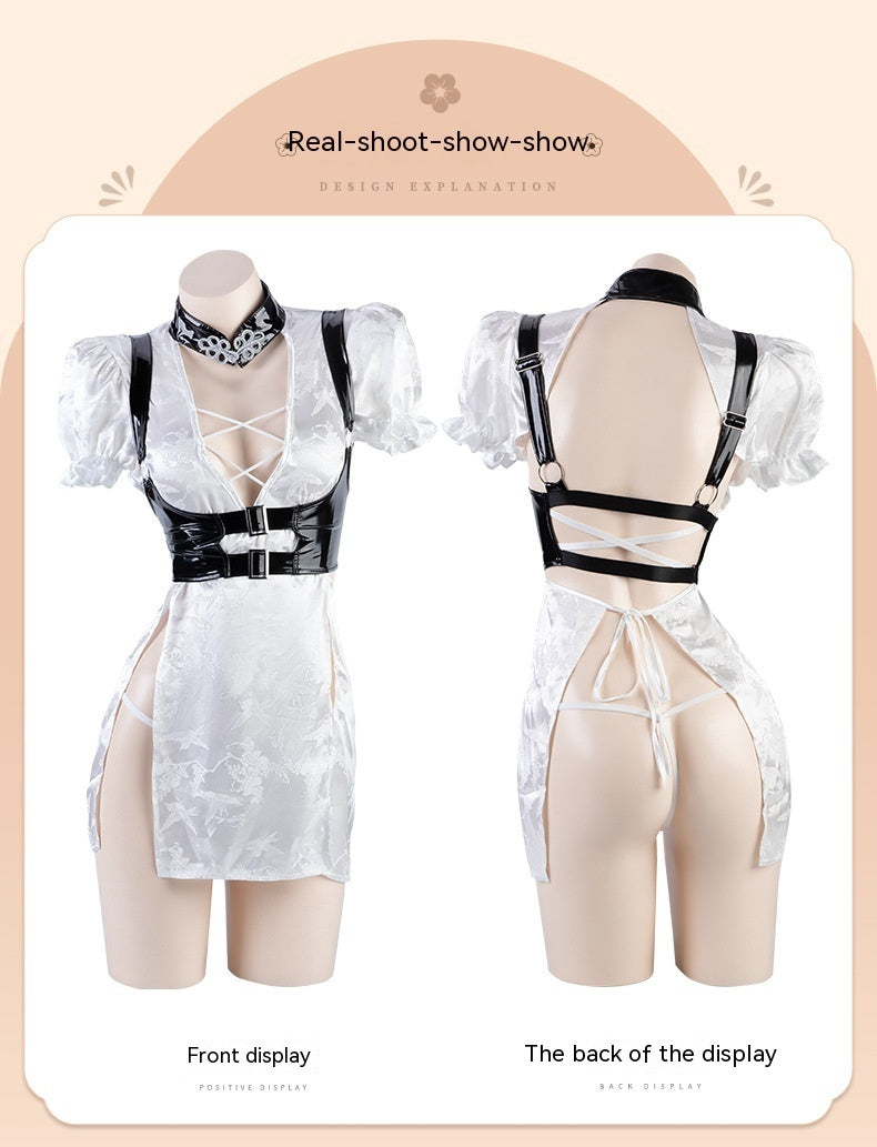 Lace-Up Hollow High-Waist Split Patent Leather Cheongsam Lingerie SetLace-