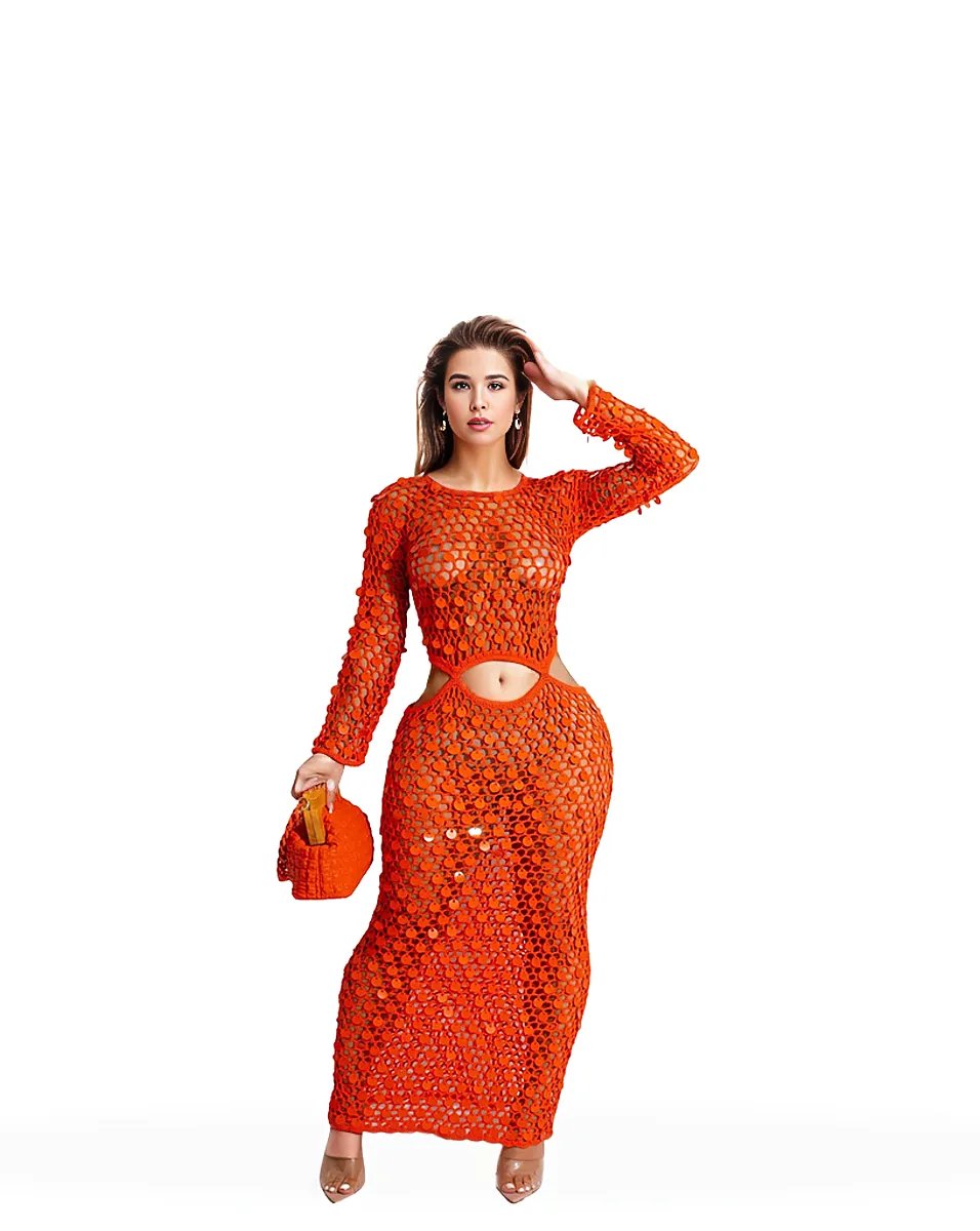 Handmade Knit Hollow-Out Sequin Beach DressHandmade Knit Hollow-