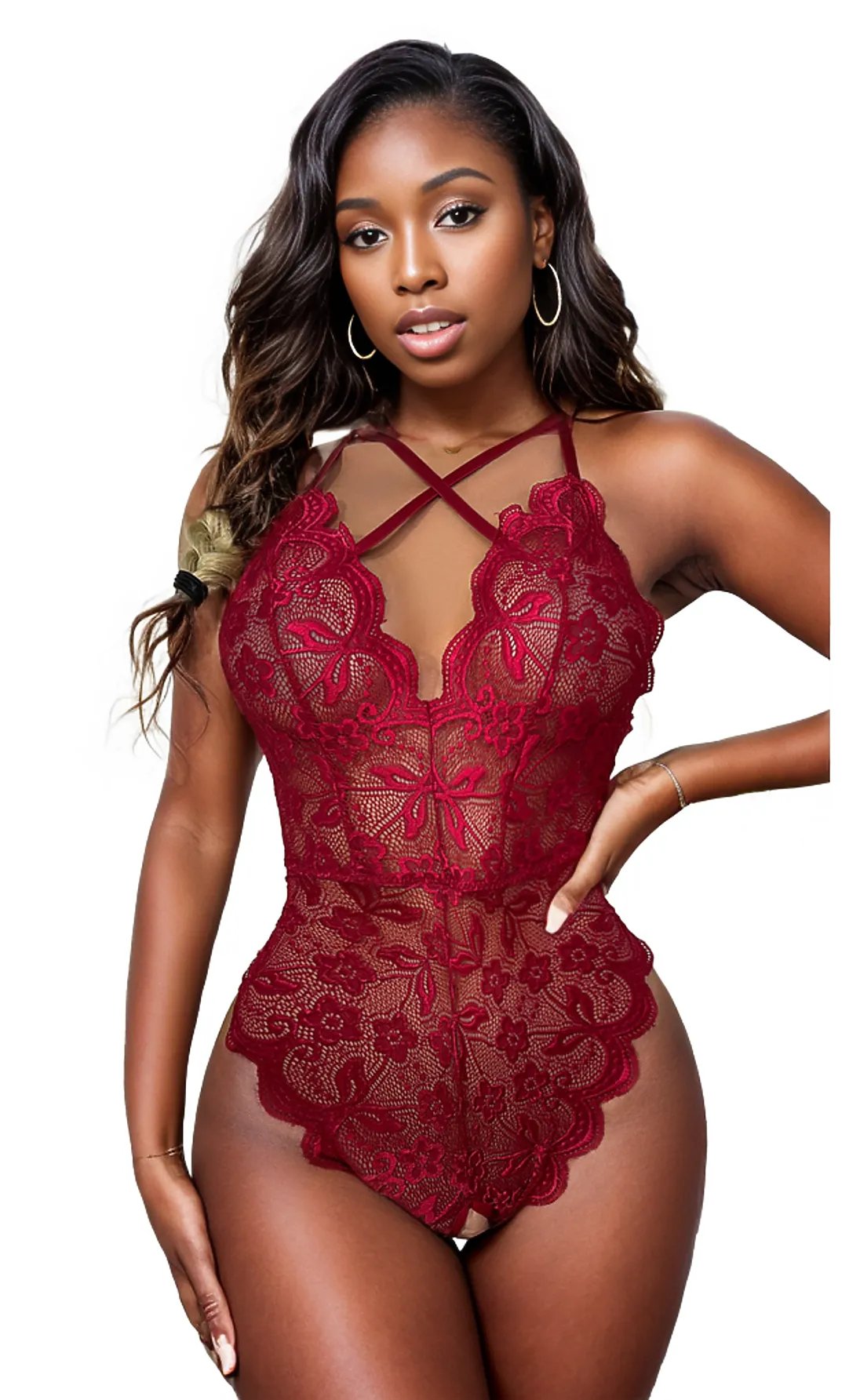 Red Lace Pajamas - One-Piece Net LingerieRed Lace Pajamas -