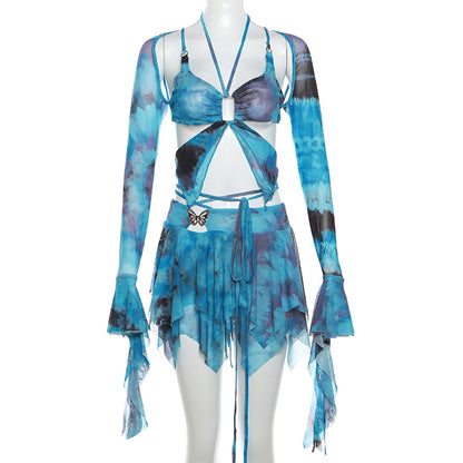 High Waist Lace-Up Tassel Set - Bare Midriff Three-PieceTassel Set - Bare Midriff