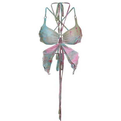 High Waist Lace-Up Tassel Set - Bare Midriff Three-PieceTassel Set - Bare Midriff