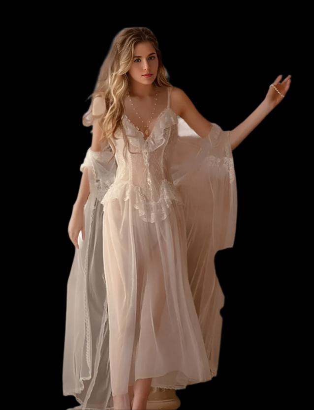 White Lace Sheer Stretch Chemise Overcoat &amp; Panty - Women&