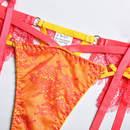 Mesh Sheer Contrast Stitching Crossover Lingerie Set with SocksMesh Sheer Contrast Stitching Crossover Lingerie Set
