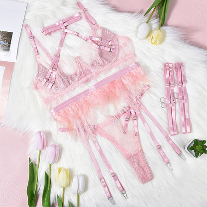 Intricate Heavy Industry Lace Feather Lingerie - 5-Piece SetIntricate Heavy Industry Lace Feather Lingerie - 5-Piece Set