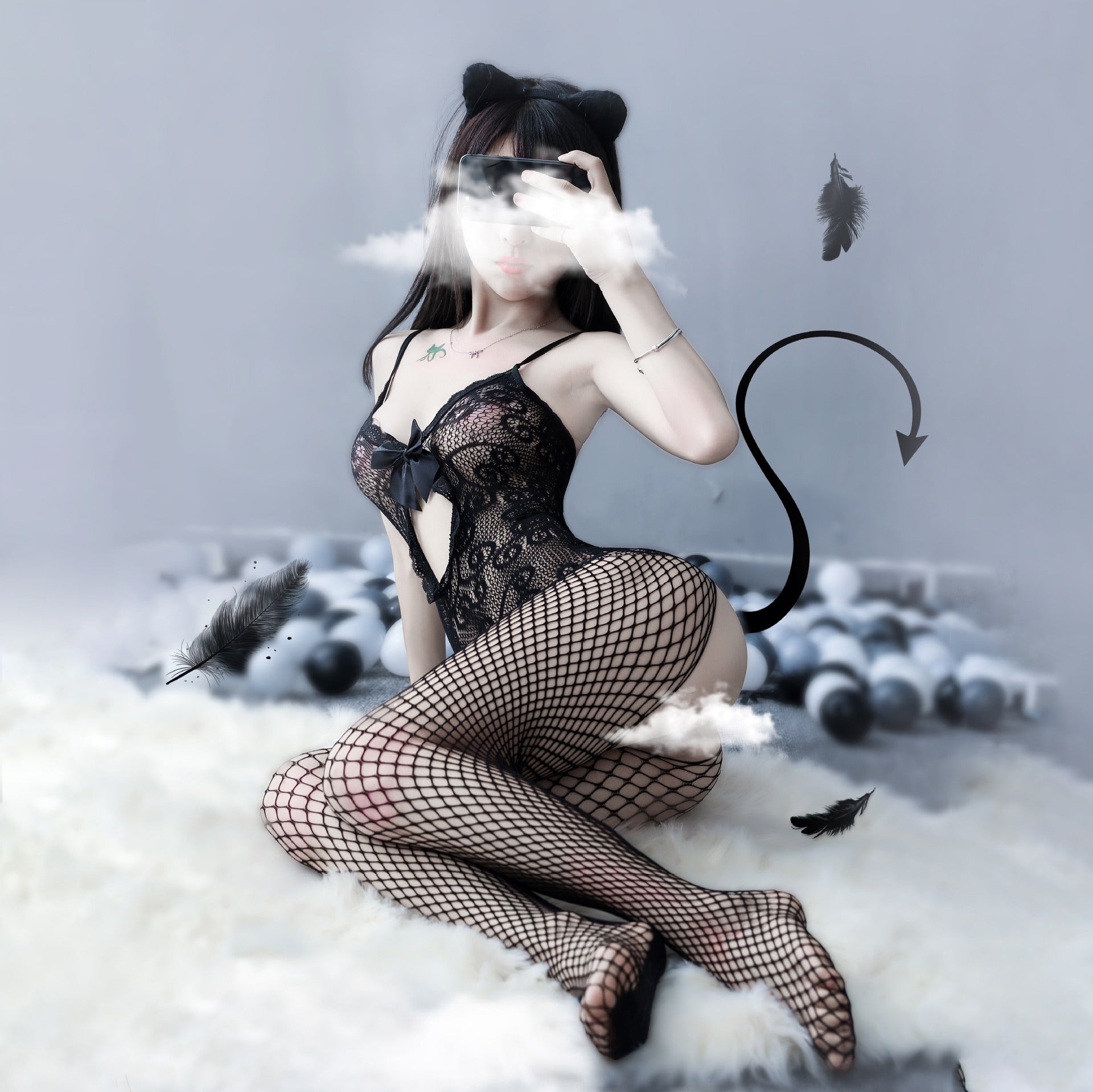 Sexy Lace Bow Lingerie with One-Piece StockingsSexy Lace Bow Lingerie