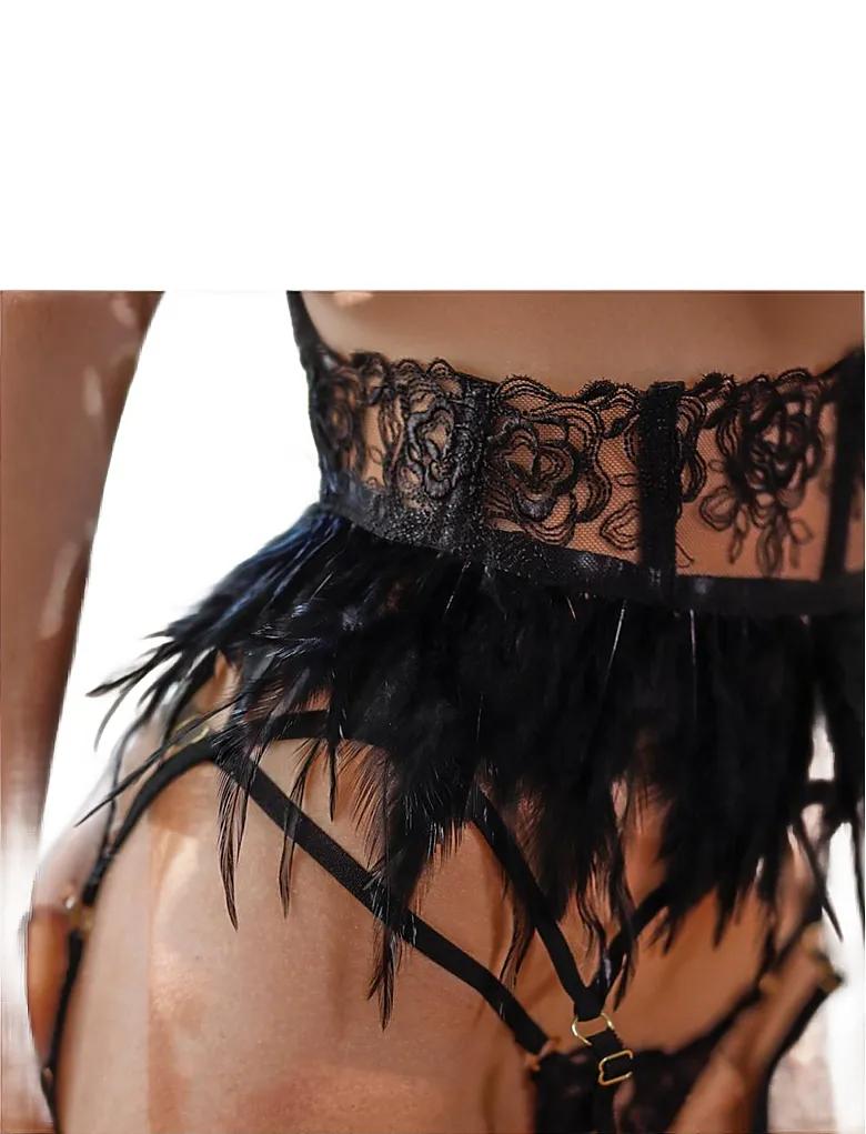 Black Feather Split Erotic Lingerie - Three-Piece SetBlack Feather Split Erotic Lingerie -