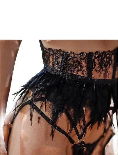 Black Feather Split Erotic Lingerie - Three-Piece SetBlack Feather Split Erotic Lingerie -