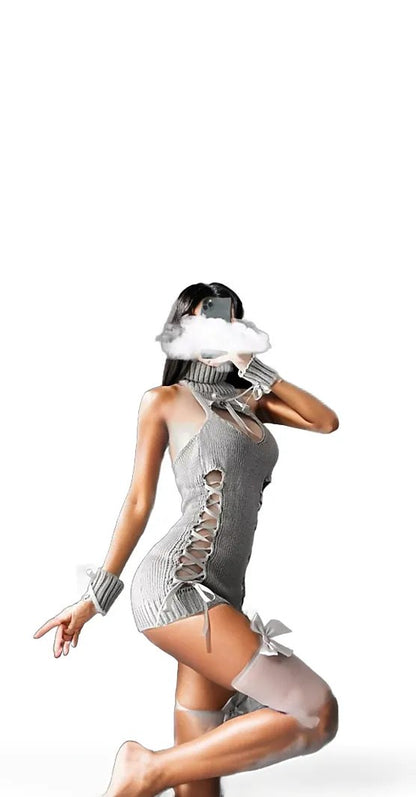 Pure Temptation: Low-Cut Halter Deep V Backless Sweater Lingerie with Pure Temptation